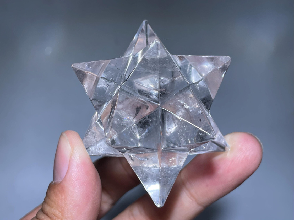 Hand Carved White Quartz Merkaba Star: Home Decor Crystal Gift (2”)