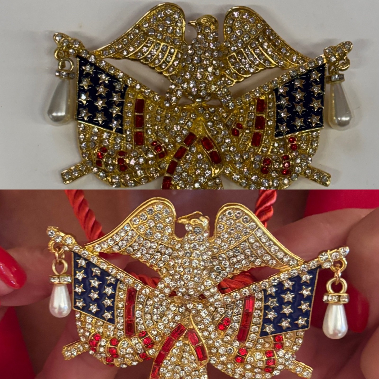 American Flag Eagle Red White Blue Rhinestones Pearls Brooch Gold Designer NEW
