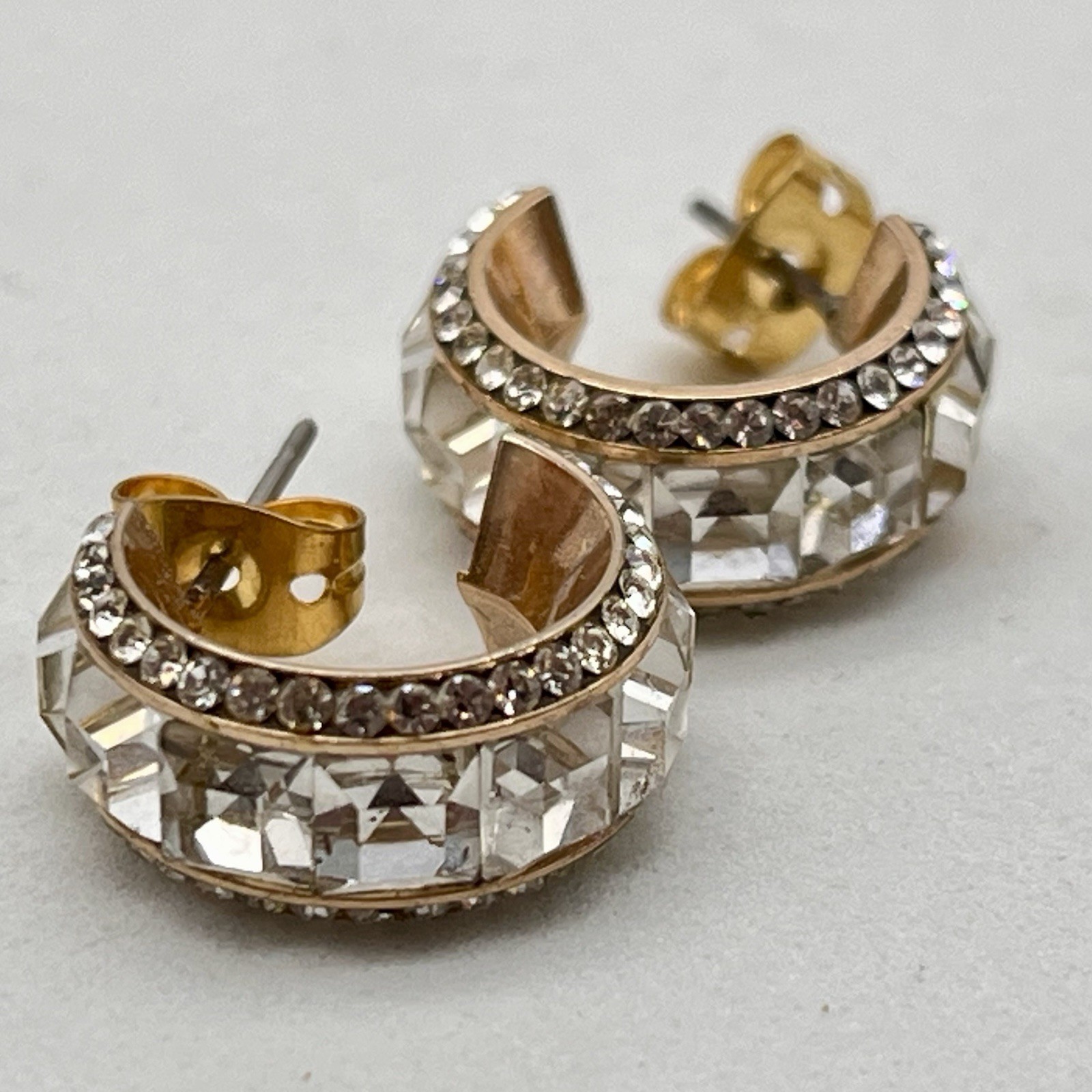 Crystal Rhinestone Earrings Half Hoop Posts Very Sparkly .75″