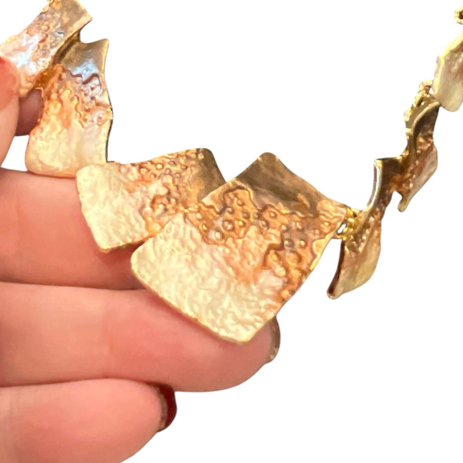 Copper & Cream Tone Metal Statment Bib Necklace Earrings Set Unique Wearable Art