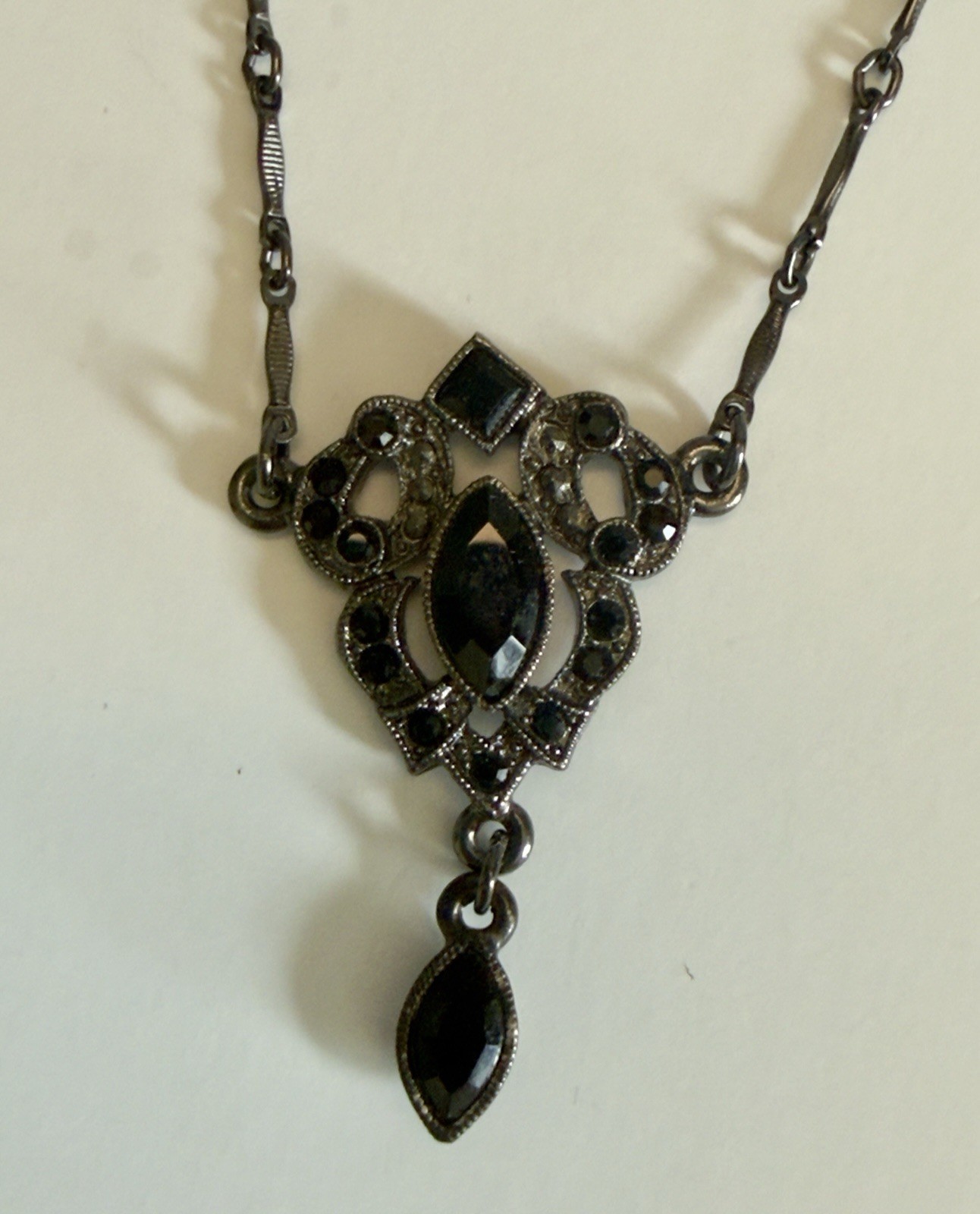 VTG 1928 Jewelry Co Black Rhinestone Marquise Y Drop Necklace Gunmetal Gothic