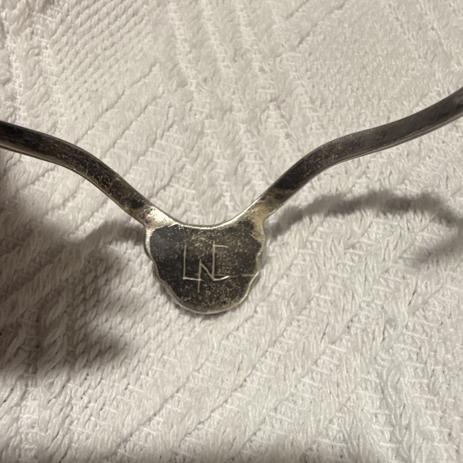 Signed Navajo Silver Tone Wishbone Cuff Bracelet w/ Oval Blue Turquoise