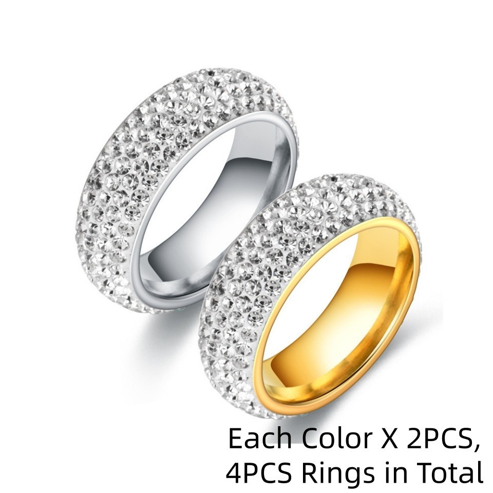 4PCS Fashion Stainess Steel Pave Rhinestone Wedding Couple Rings