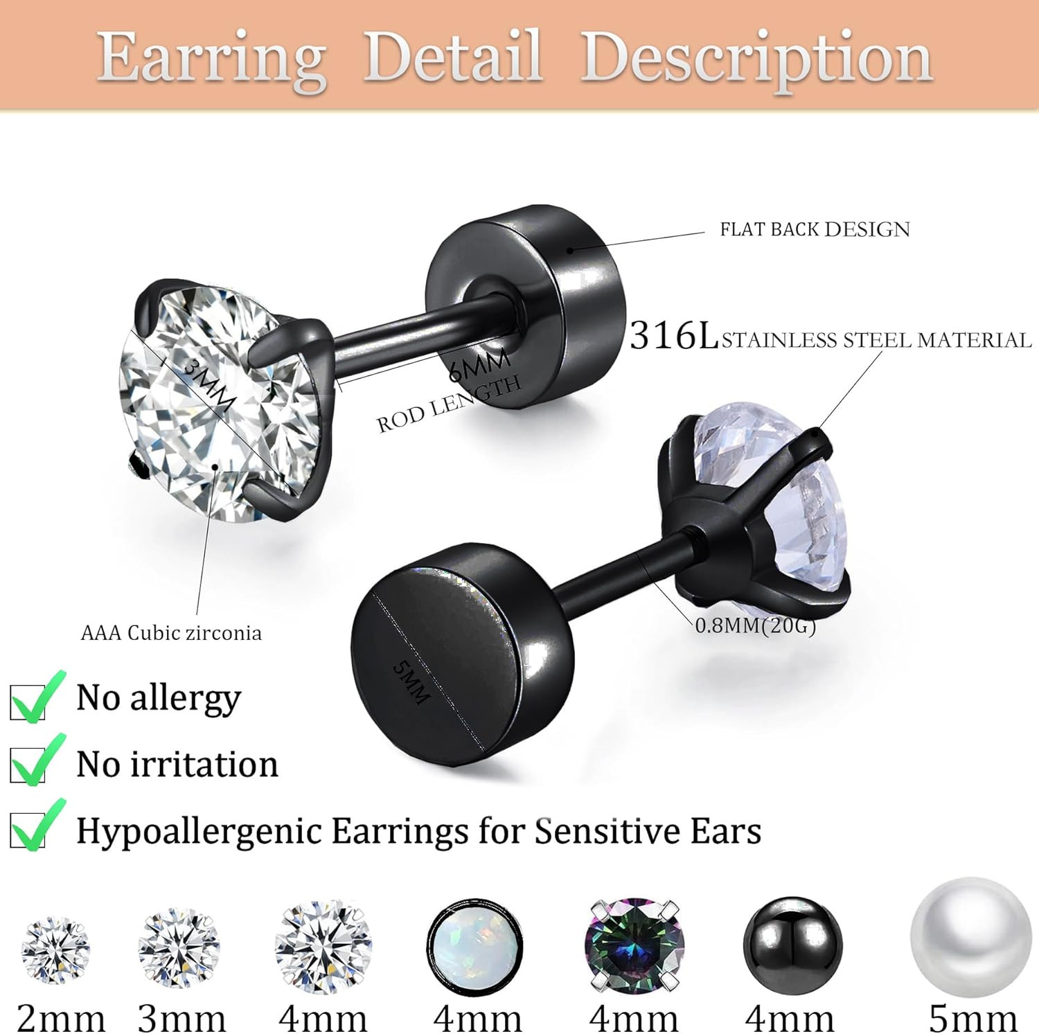 Surgical Steel Flat Back Earrings Set for Multiple Piercing Sensitive Ears,Sterl