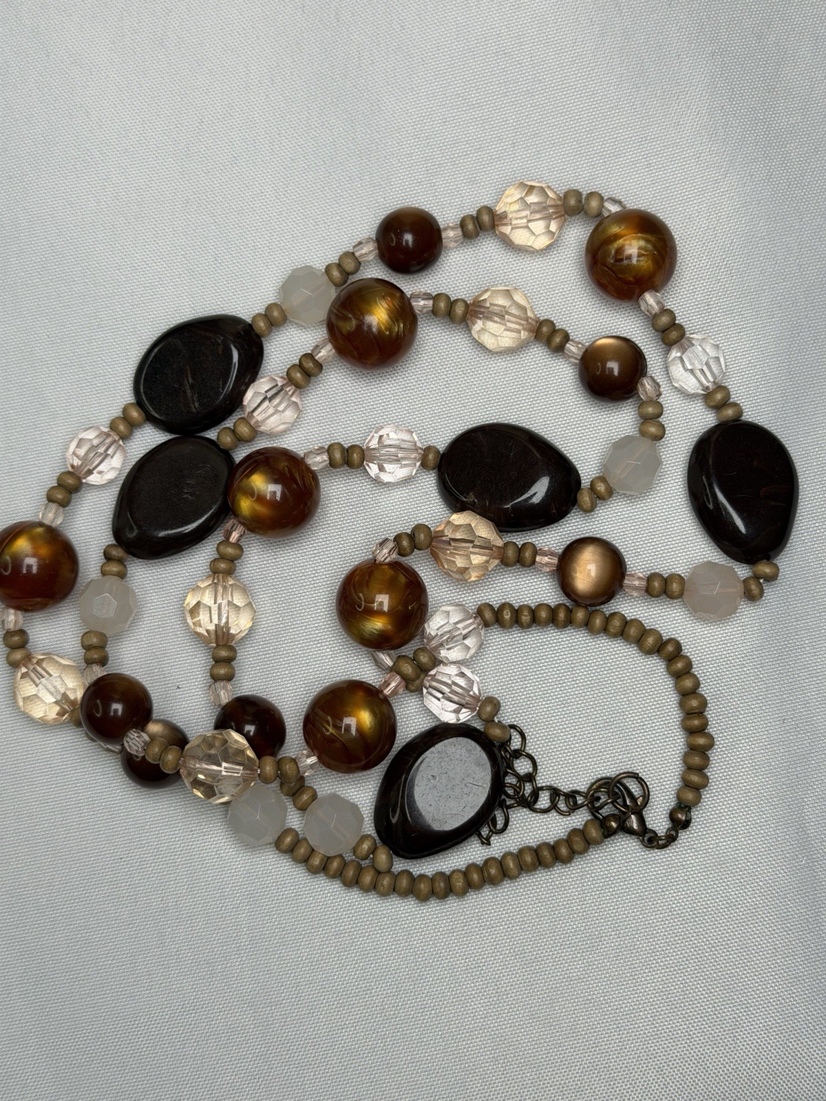 Brown Beige Beaded Necklace Faux Tiger Eye Acrylic Crystal Long Statement 35”