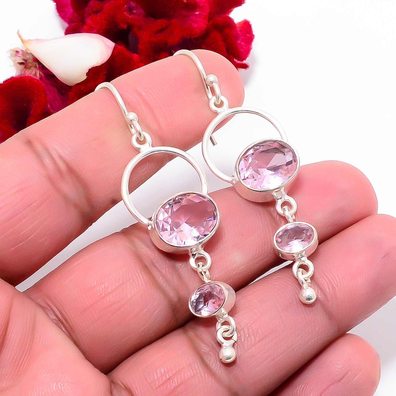 Pink Kunzite Gemstone Designer Handmade 925 Sterling Silver Earring 2.15″ Sku43