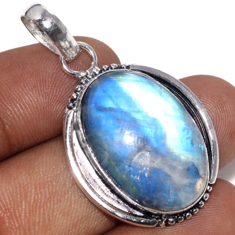 Aa+ Quality Rainbow Moonstone 925 Silver Plated Pendant 1.6″ Promise Gift GW