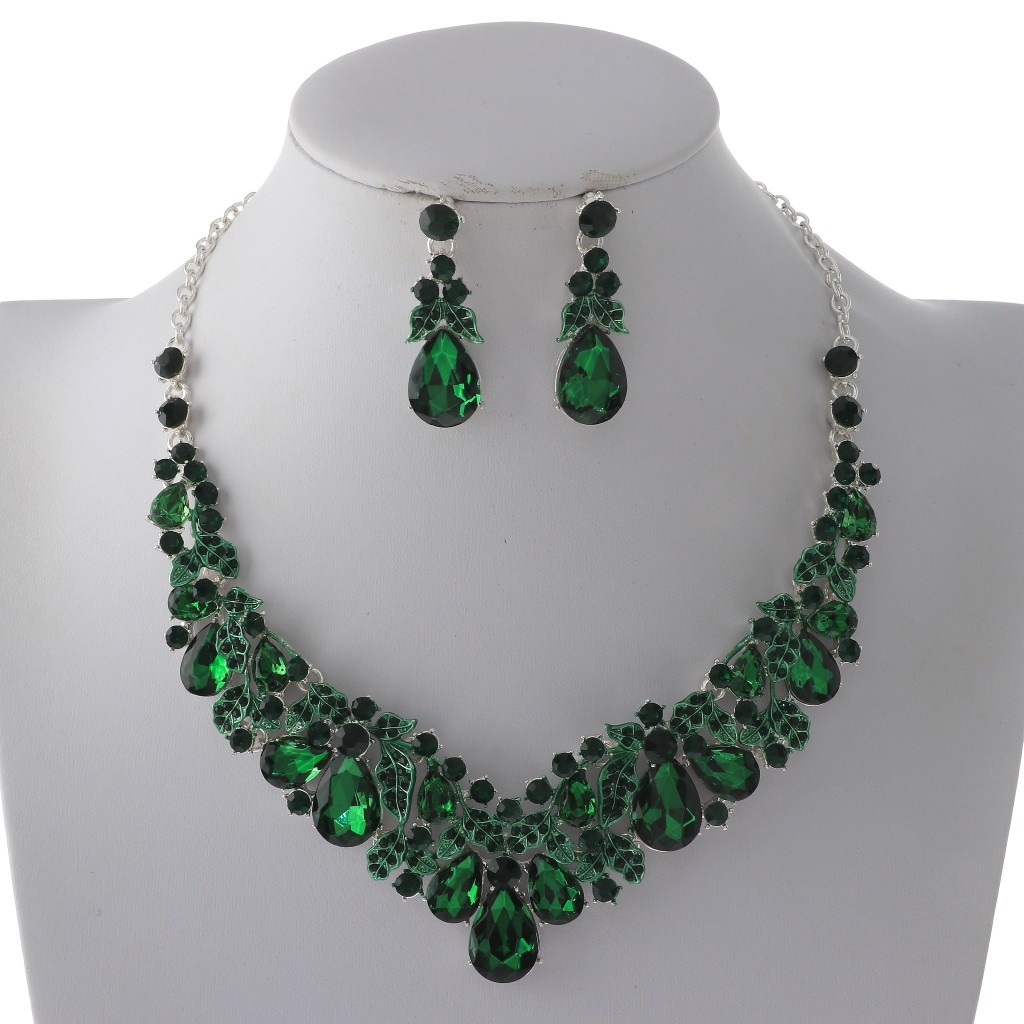 Silver Tone Alloy Metal Rhinestone Necklace Earring Set S20709-SEME