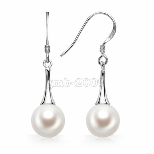 Pretty Silver Plated White 8mm Pearl Bead Hook Elongated Dangle Drop Earrings