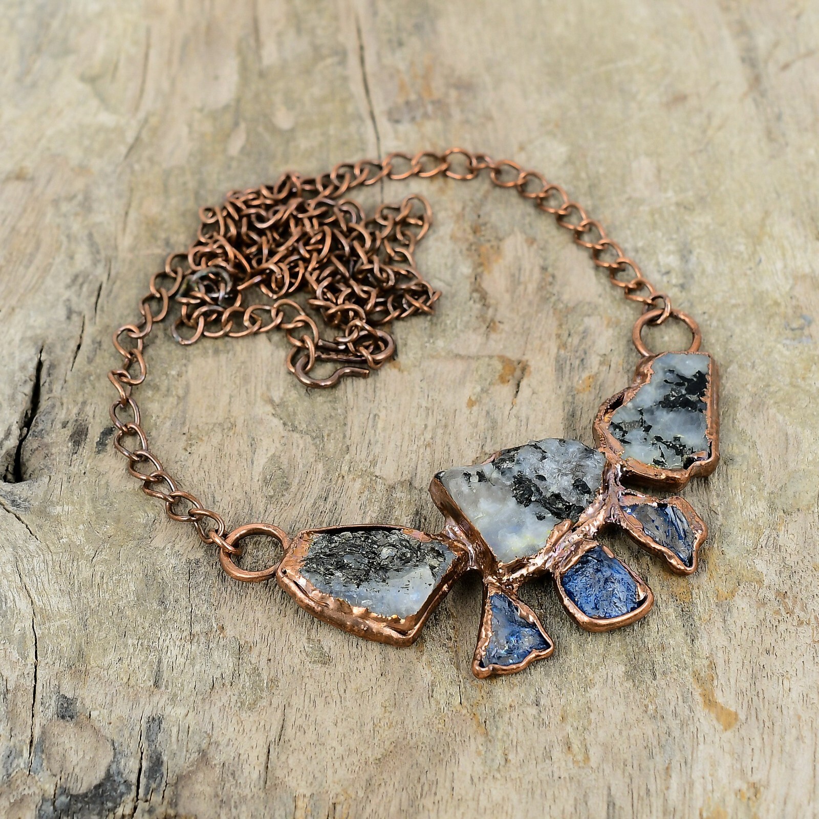 Rainbow Moonstone Rough Electroformed Chain Adjustable Necklace Copper 18.0″