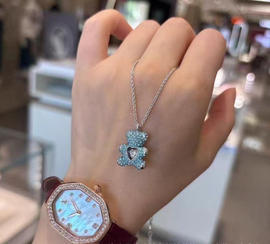 Swarovski Teddy Zircon Pendant Blue Teddy Bear Necklace Heart-Shaped Crystal