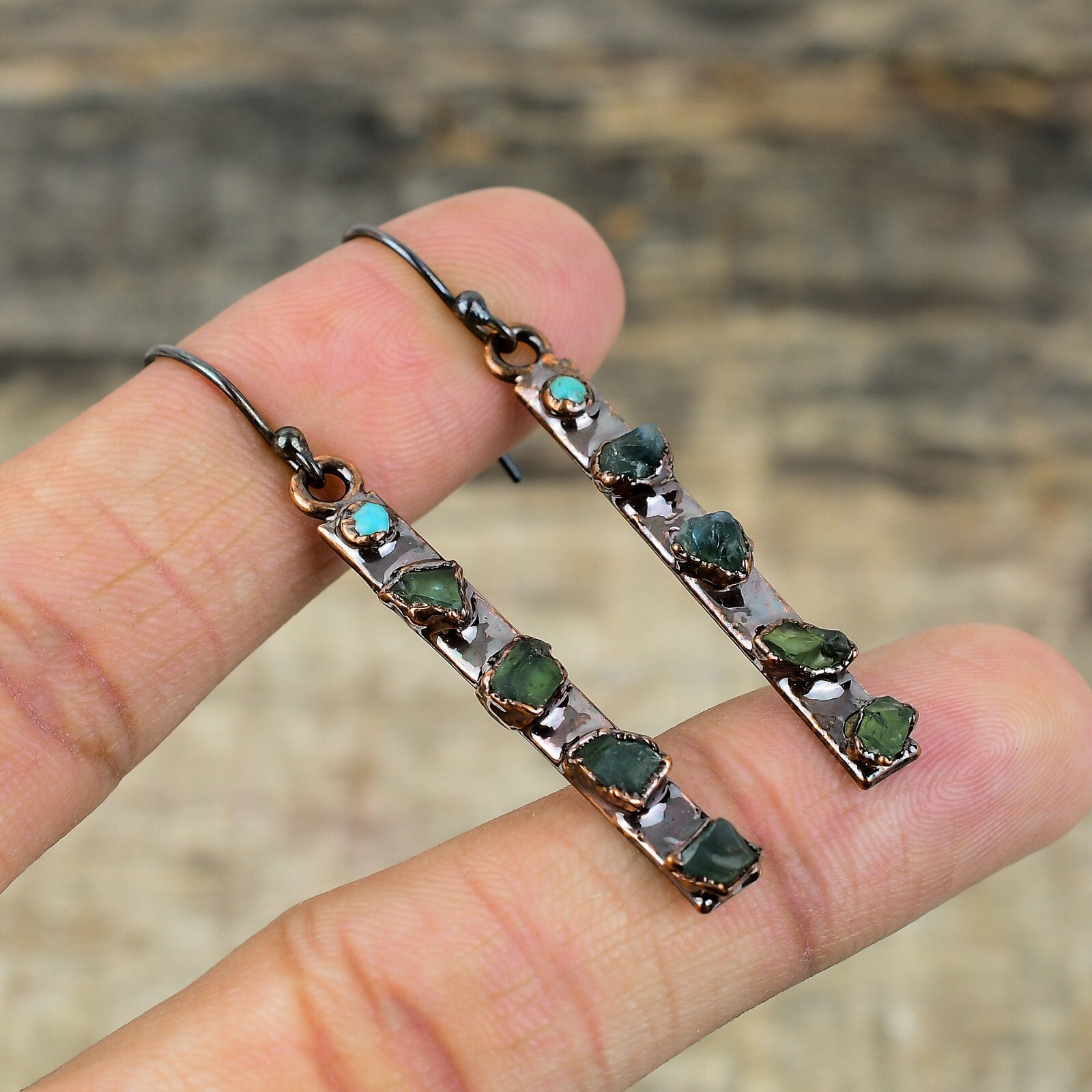 Green Tourmaline Rough Copper Gift For Briedsmaid Electroformed Earrings 2.2″