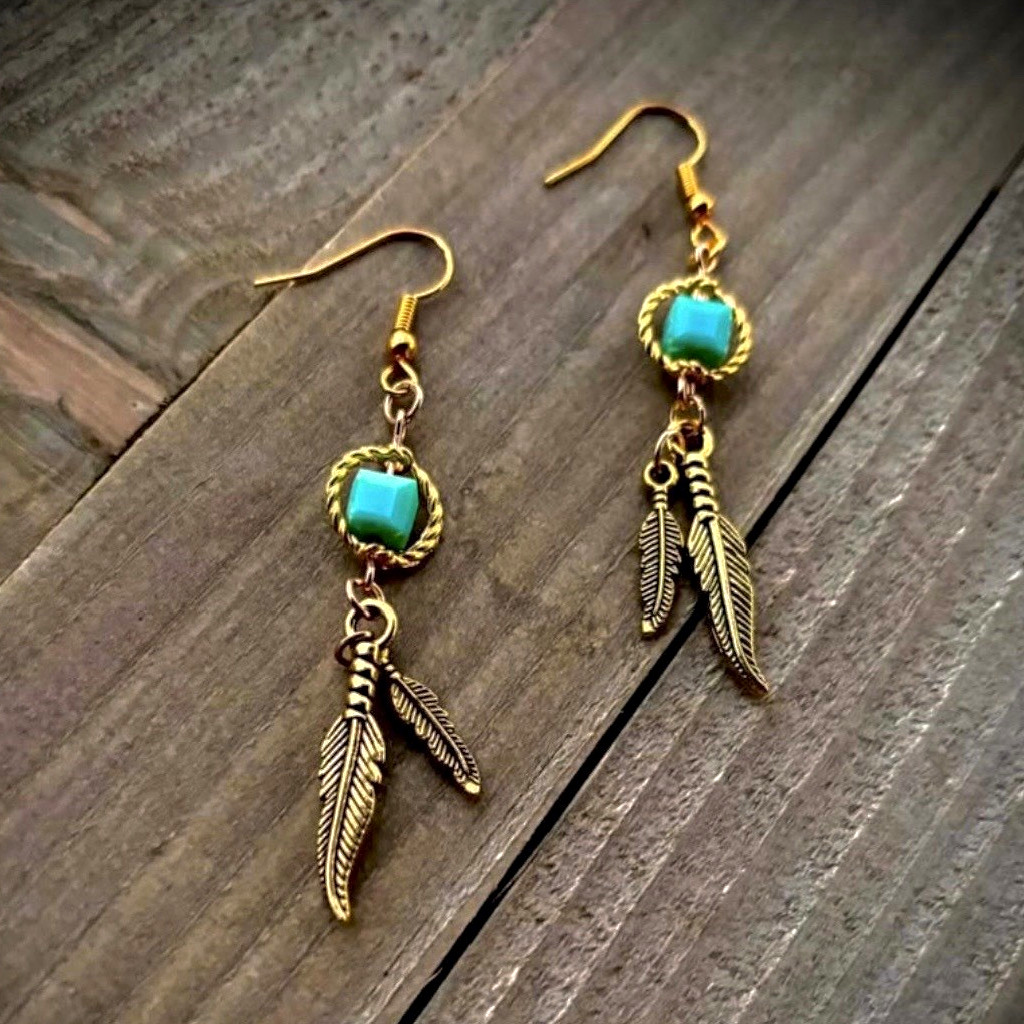 Bohemian Feather Dangle Drop Earrings Metal Hook Closure Gold Tone Turquoise
