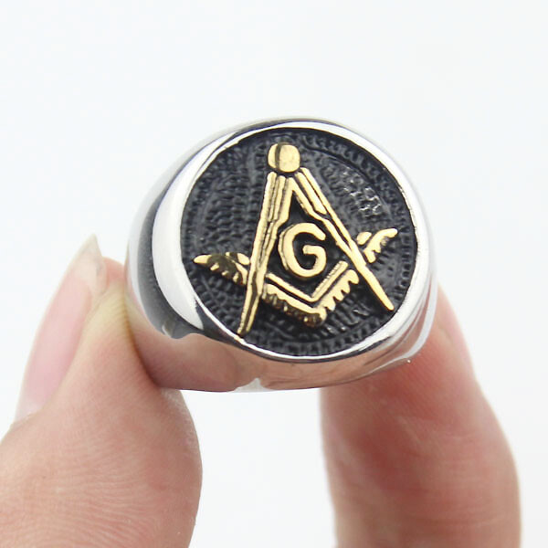 Mens Gold Plated Embossed Stamped Freemason Masonic Stainless Steel Biker Ring