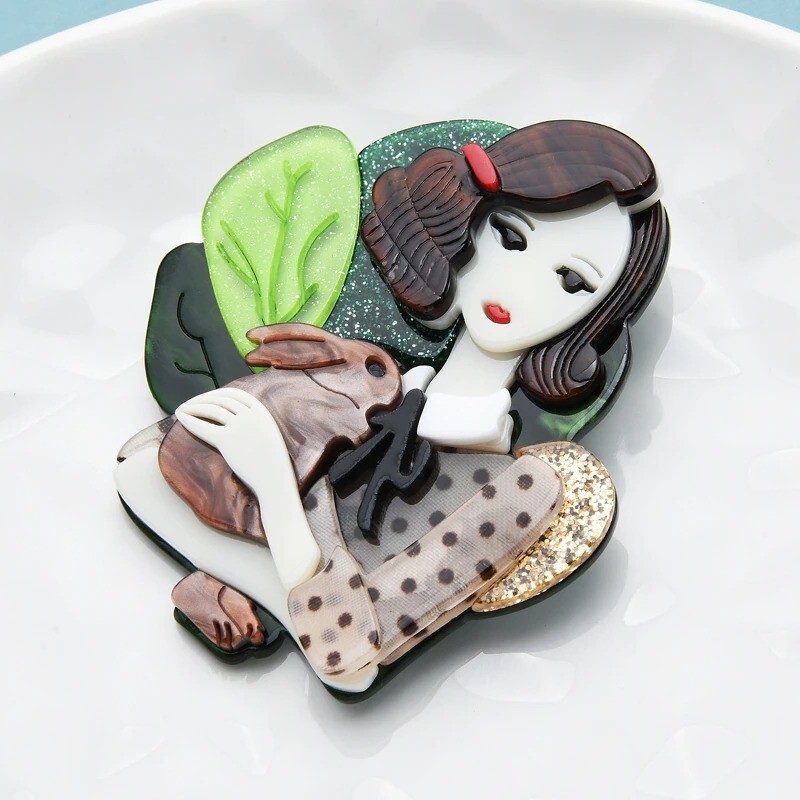 Lady Brooch Acrylic Hug Rabbit Quiet For Women Girl Figure Brooches Pin Gifts