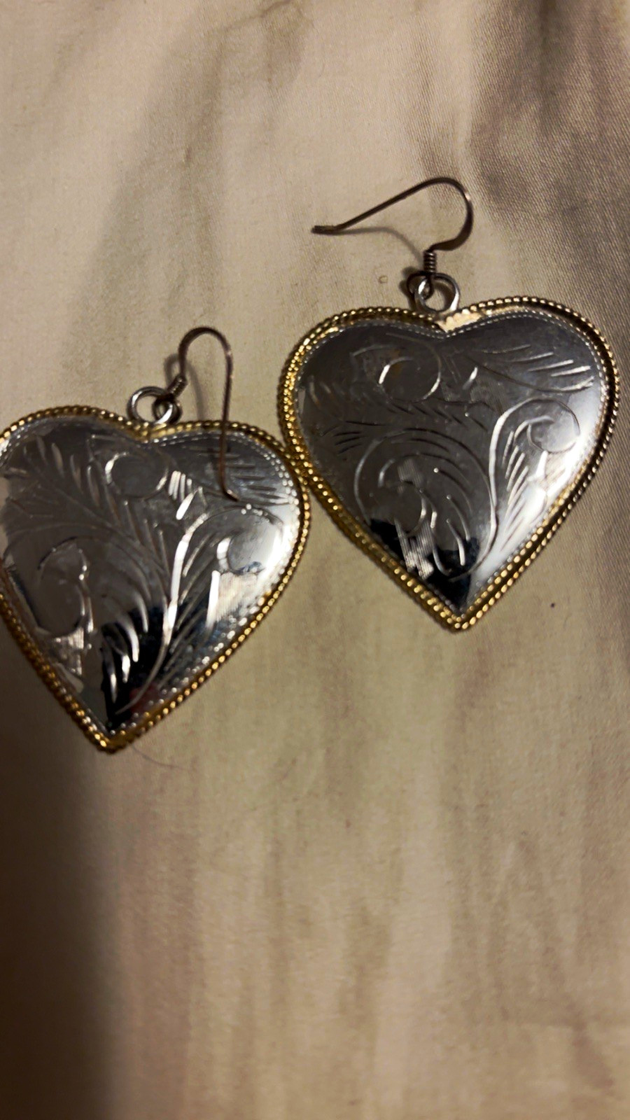 Engraved Heart Sterling Silver Dangle Drop Earrings, Hook Closure, No Stone