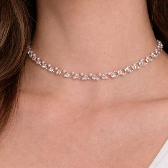 Silver-Tone Pearl Crystal Choker Necklace Women Bridal Elegant Wedding Gift