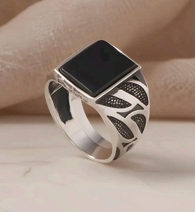 Surgical Steel Black Onyx Signet Ring Mens Vintage Textured Statement Band