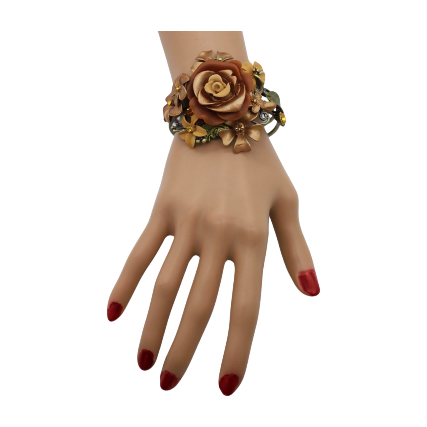 Women Gold Metal Beige Brown Rose Flowers Wrist Cuff Bracelet Fashion Jewelry