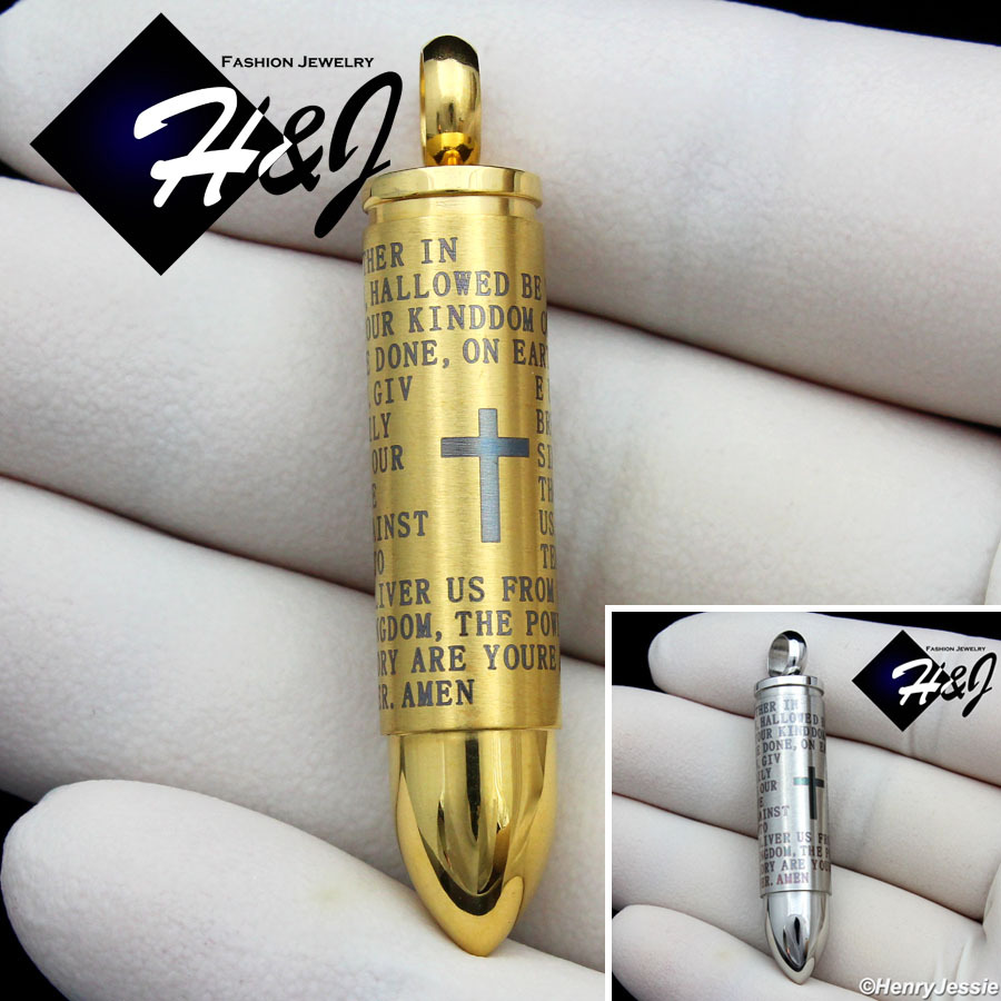 MEN’s Stainless Steel Cross Bible Verse Silver/Gold Plated Bullet Pendant*P99