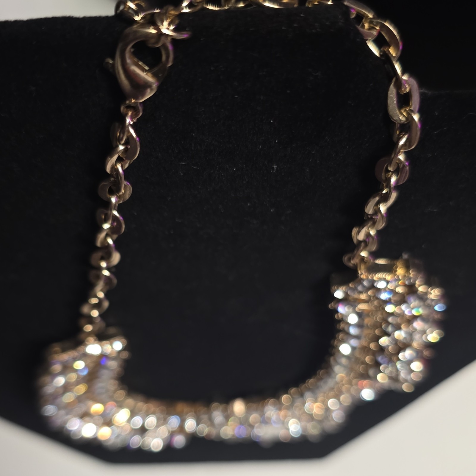 Gold Tone Collar Statement Necklace Clear Rhinestone Teardrop Pendant Adj
