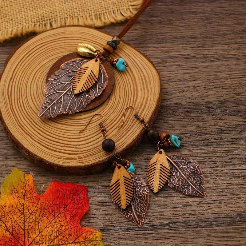 Women’s Retro Bohemian Leaf Shaped Pendant Earrings Necklace Jewelry Set Alloy