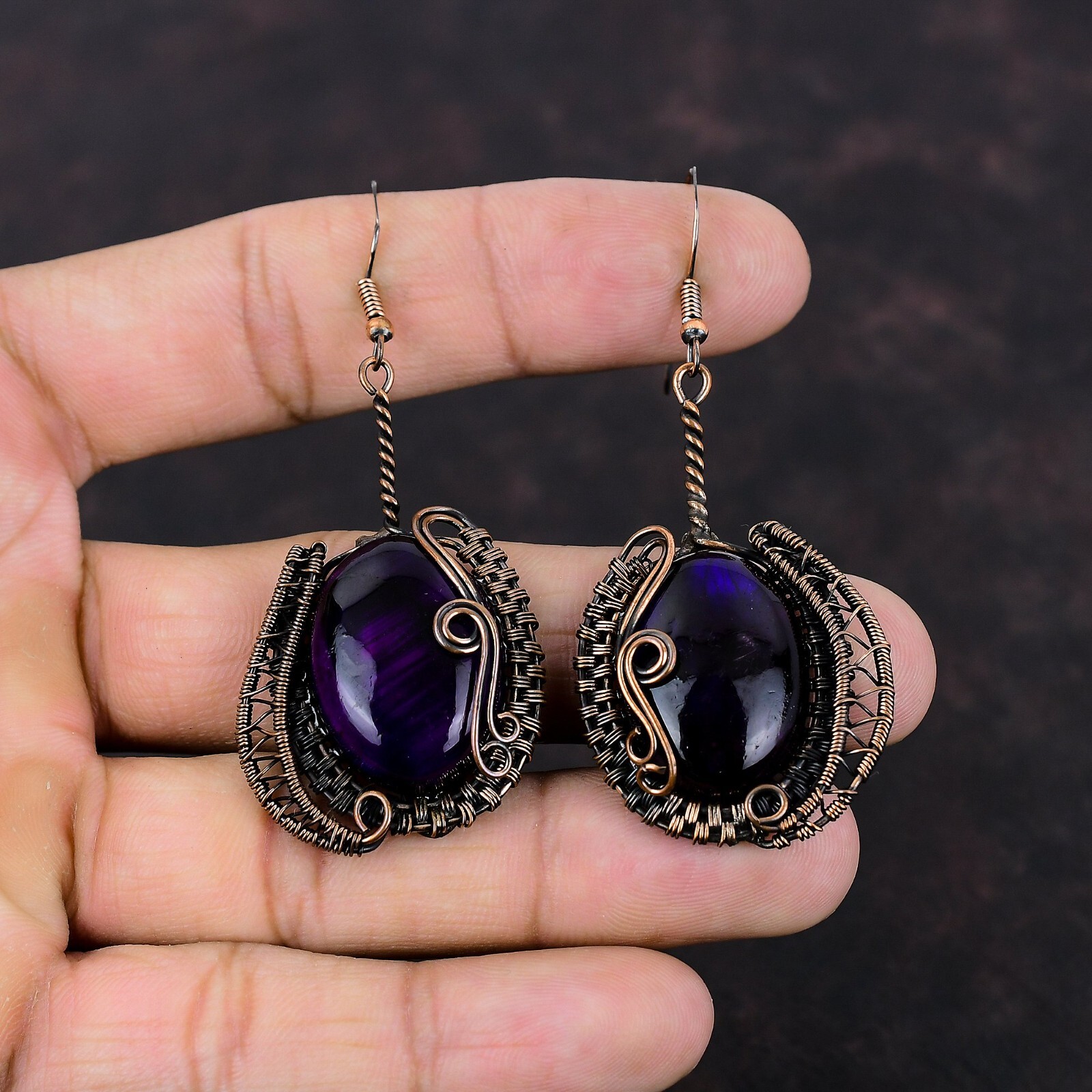 Purple Fire Labradorite Copper Wire Wrapped Drop/Dangle Earrings For Women 2.76″