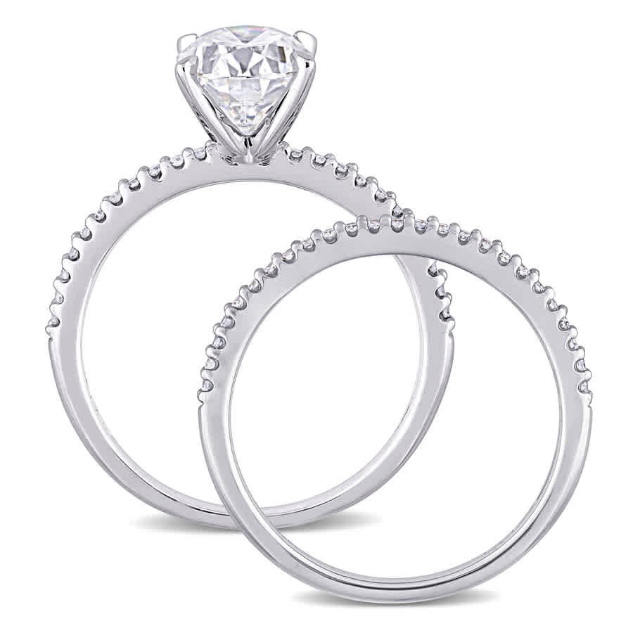 AMOUR 2 CT DEW Oval Created Moissanite and 1/4 CT TW Diamond Bridal Ring Set In