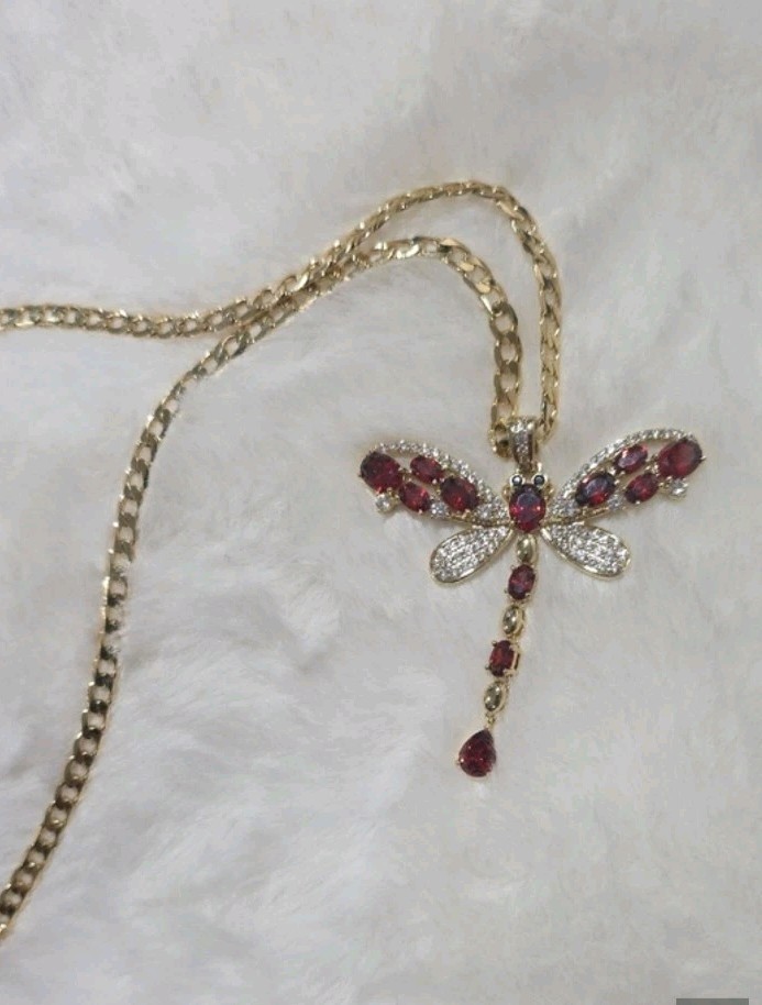 14k Gold Plated 19″ Curb Chain Necklace w/ Dragonfly Charm & Black Crystals