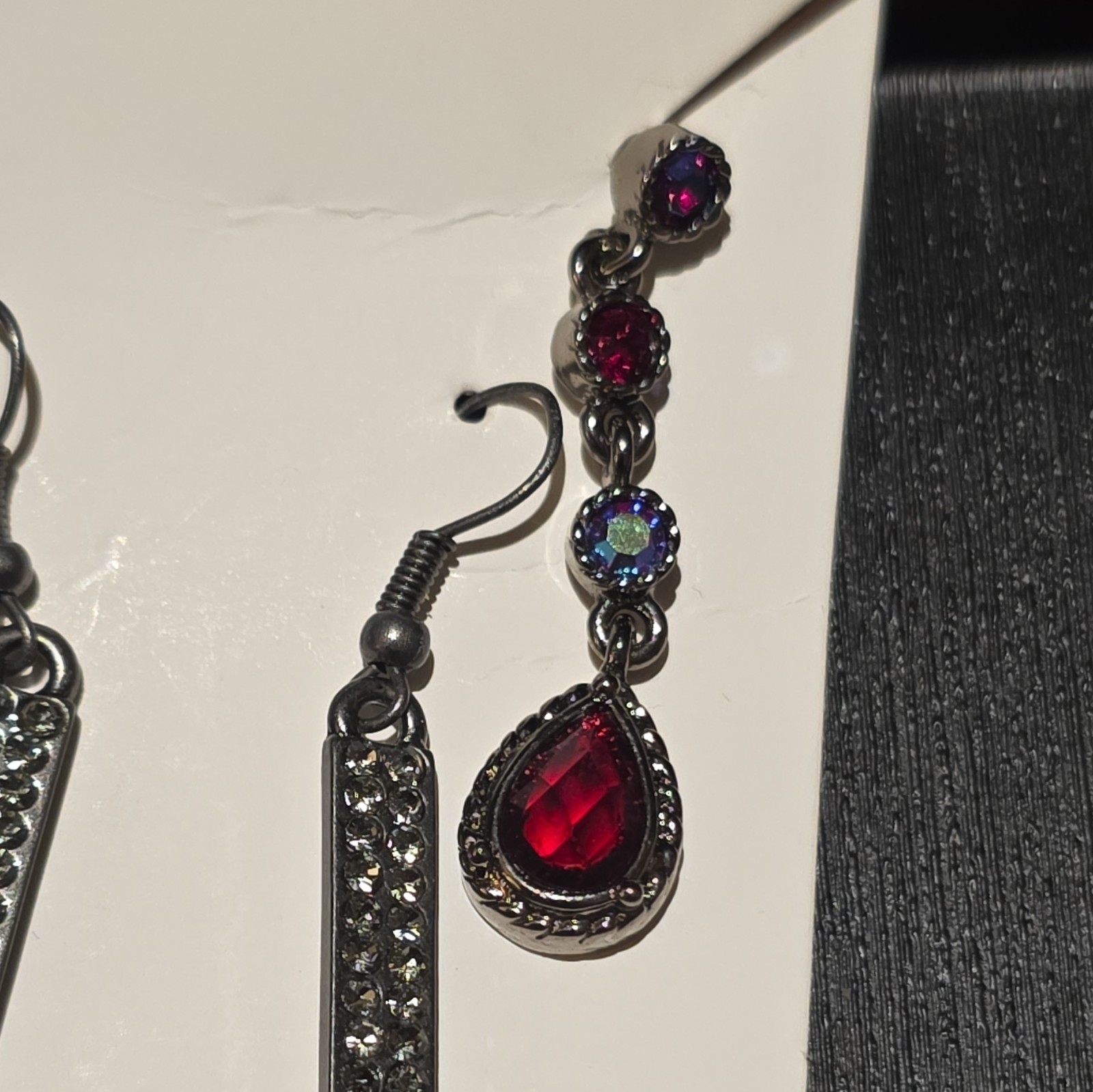 Silver Tone Rhinestone Hook Dangle Earrings Red Teardrop Simulated Stone