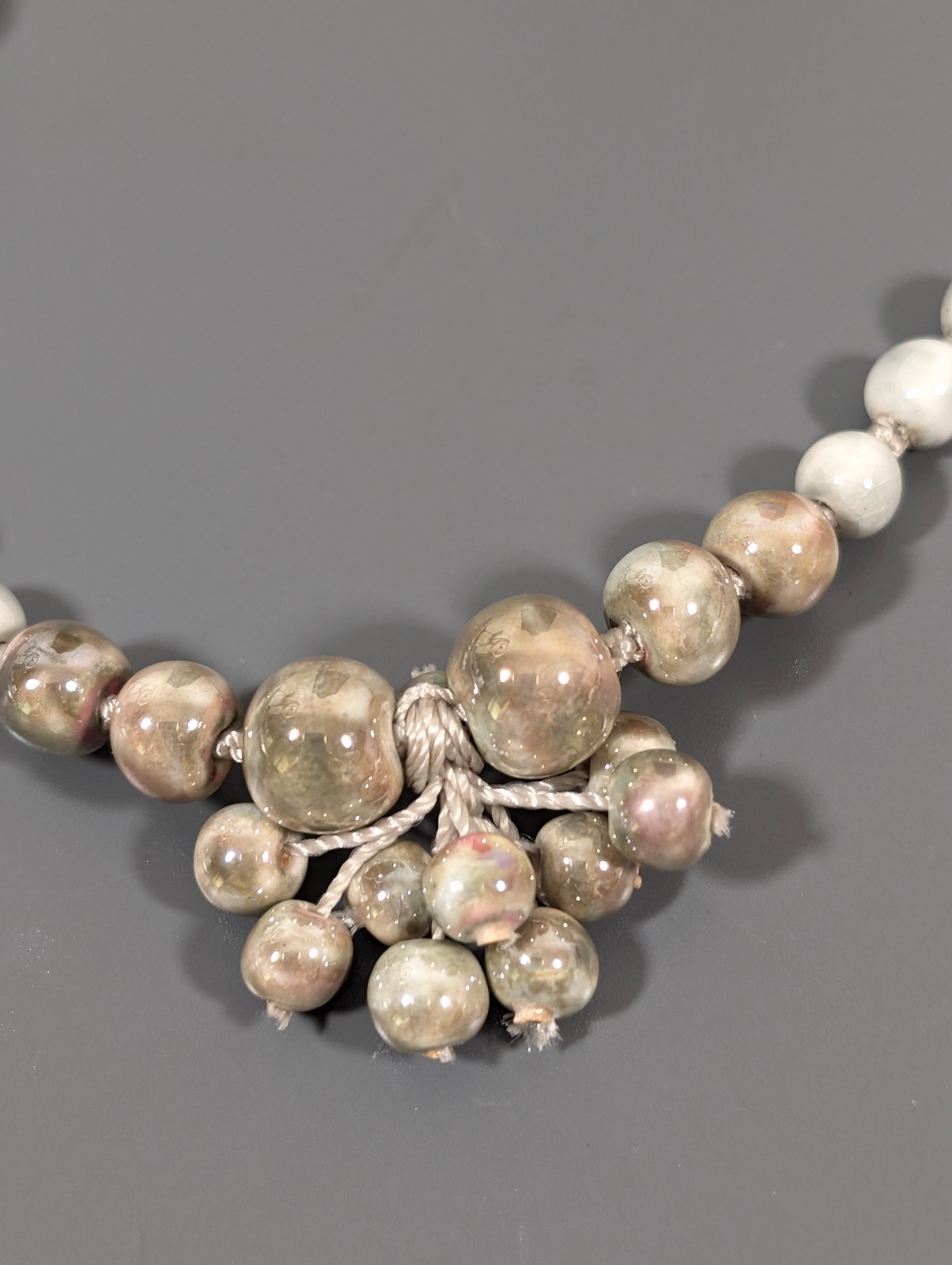 Ceramic Beaded Necklace 16″ White Gray Cluster Pendant Artisan Boho Jewelry