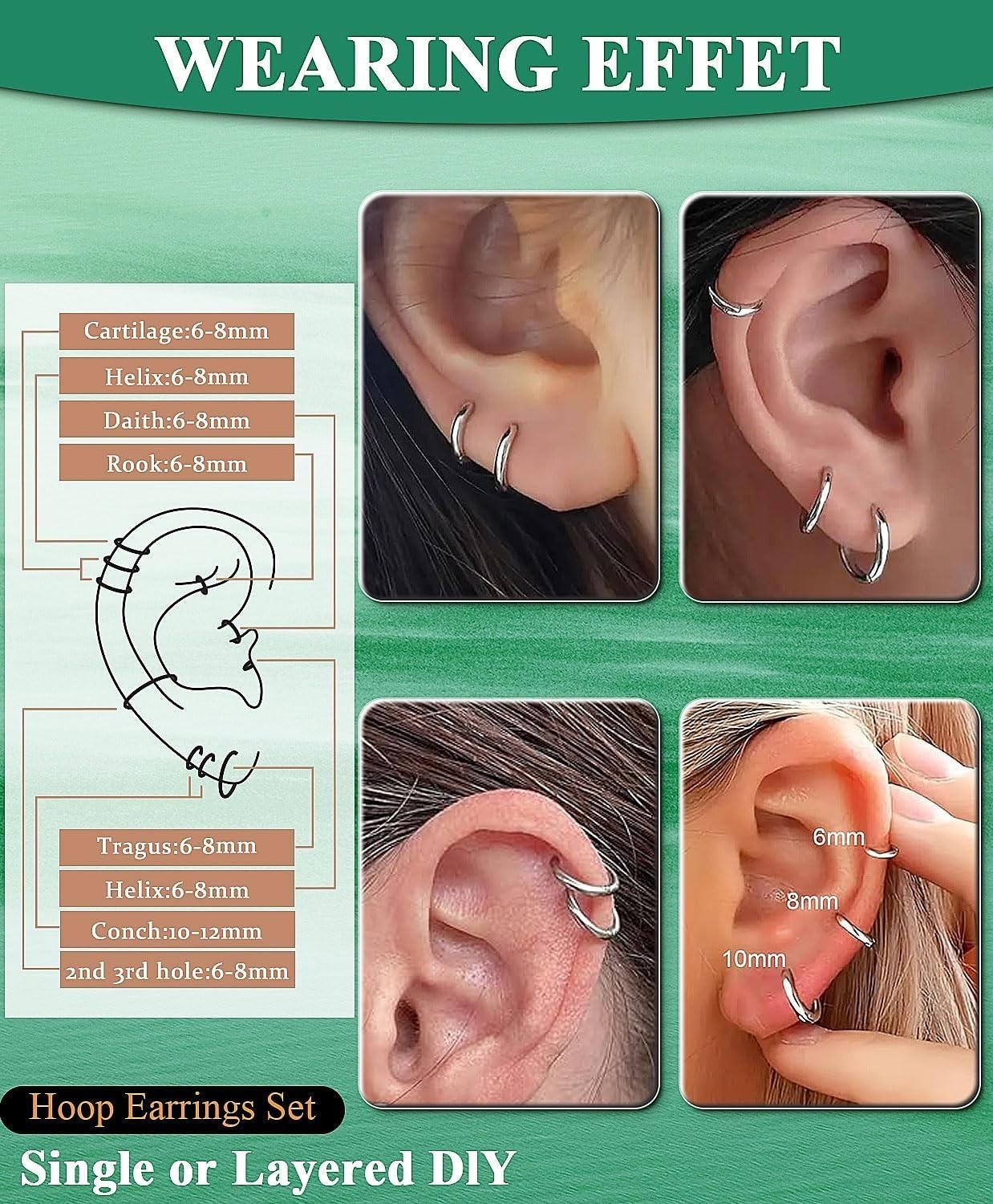 Surgical Steel Huggie Hoop Earrings & Flat Back Studs for Women Men, 6mm-14mm…