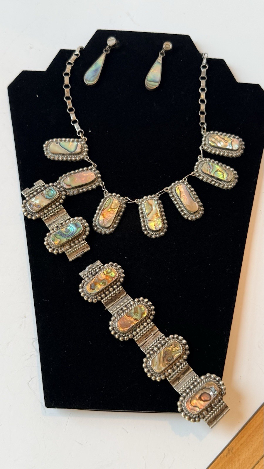 Vintage Taxco Heirloom 925 Silver Abalone Necklace Bracelet Earrings Set signed