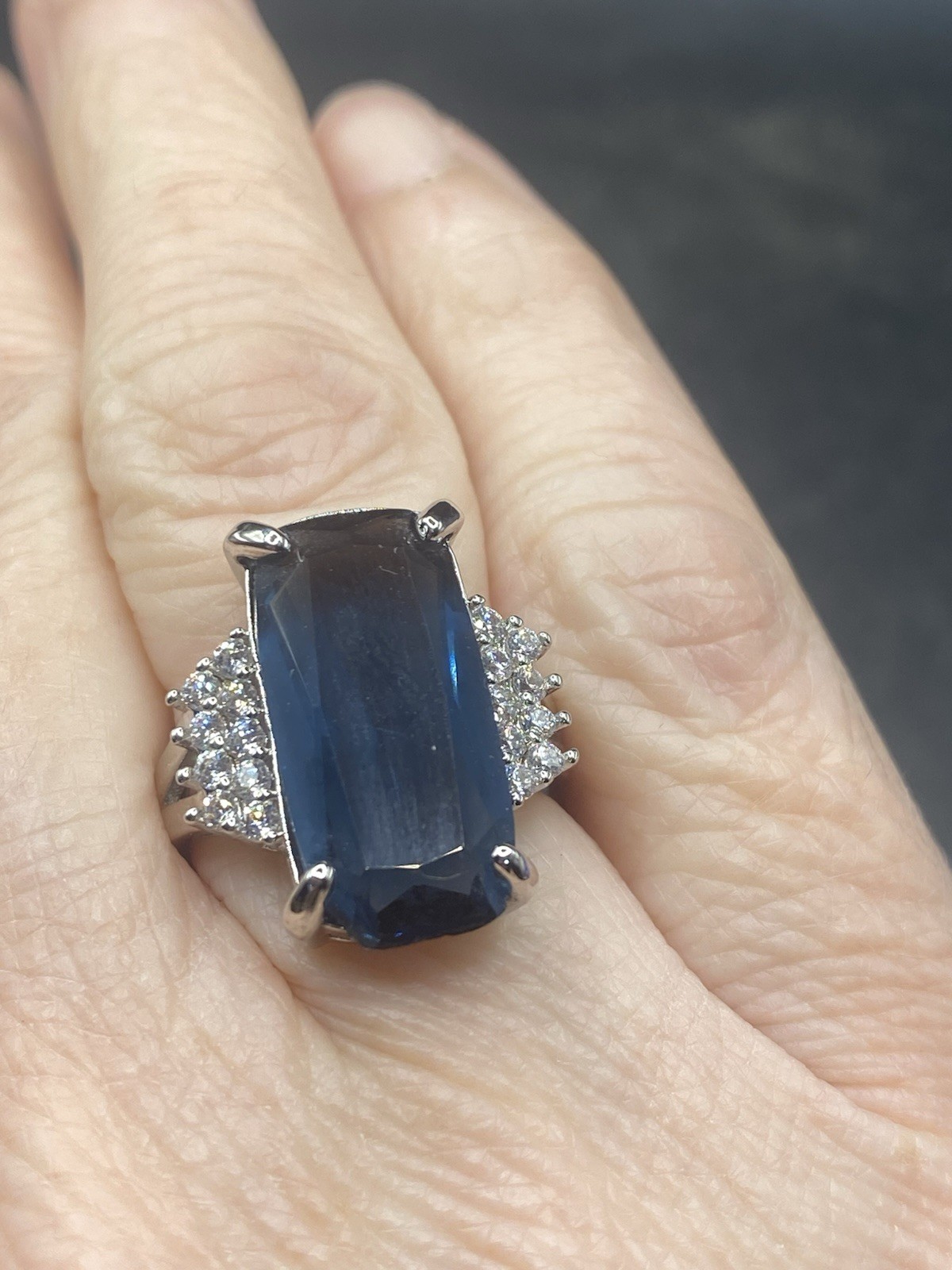 Cocktail Ring Elongated radiant cut blue sapphire & cz split shank Sterling 6.5￼