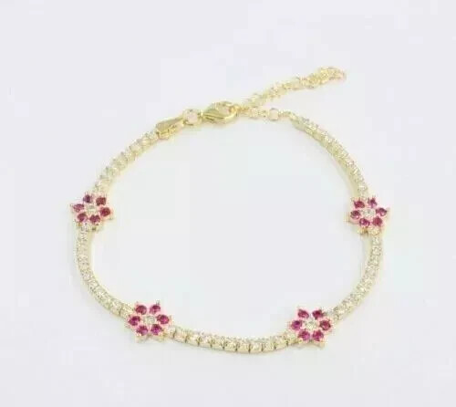 7.29 Ct Round Simulated Ruby 925 Yellow Sterling Silver Floral Tennis Bracelet