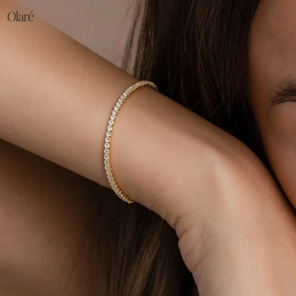 Tennis Bracelet Women 14K Gold PVD Stainless Steel White Cubic Zircon Olaré Gift