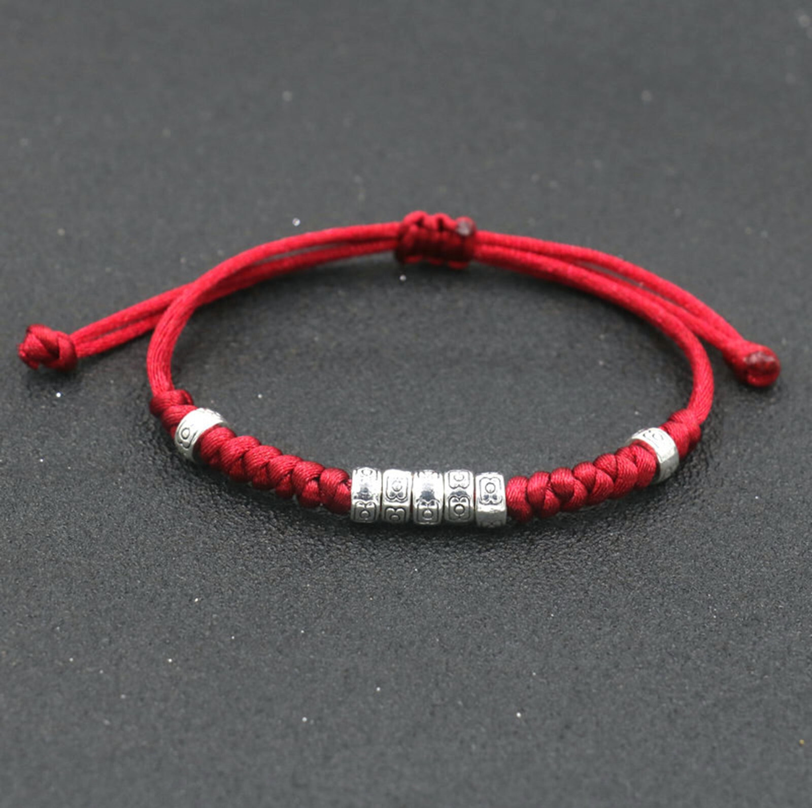 Tibetan Red String Woven Bracelet with Silver Beads
