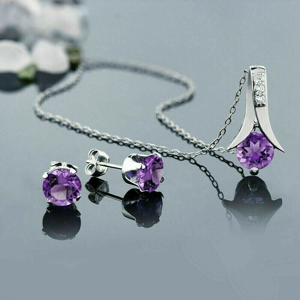 Round Cut Simulated Amethyst Women’s Stud Pendant Set In 14K White Gold Plated