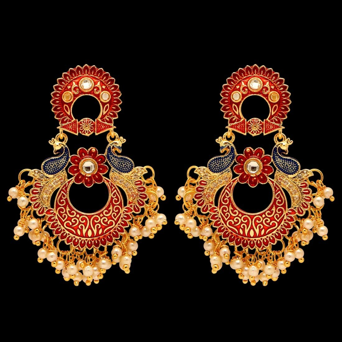 Latest Designer Indian Bollywood Meenakari Kundan Pearl Jhumki Earrings Maroon