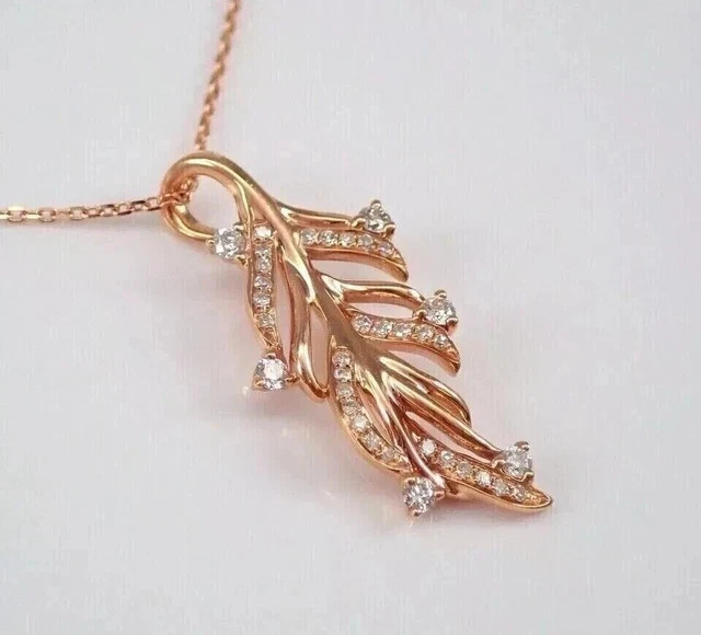 1.45Ct Round Cut Simulated Diamond Leaf Pendant 18″ Chain 14K Rose Gold Plated