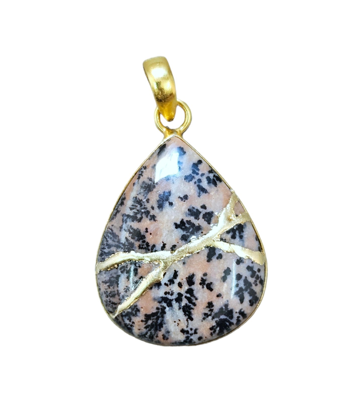 Necklace Dendritic Agate Pendant Kintsugi Art Brass Gold Plated Jewelry Gift