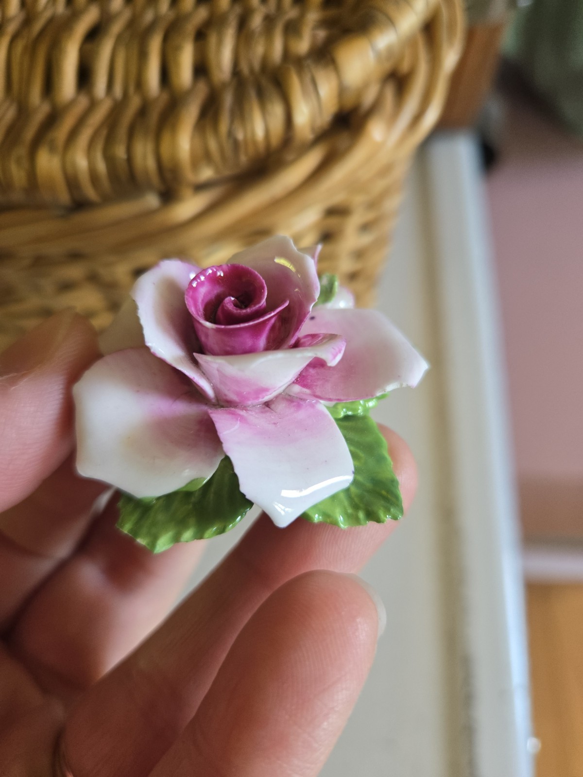 Pink White Green Rose Flower Porcelain Brooch Pin, Made in England