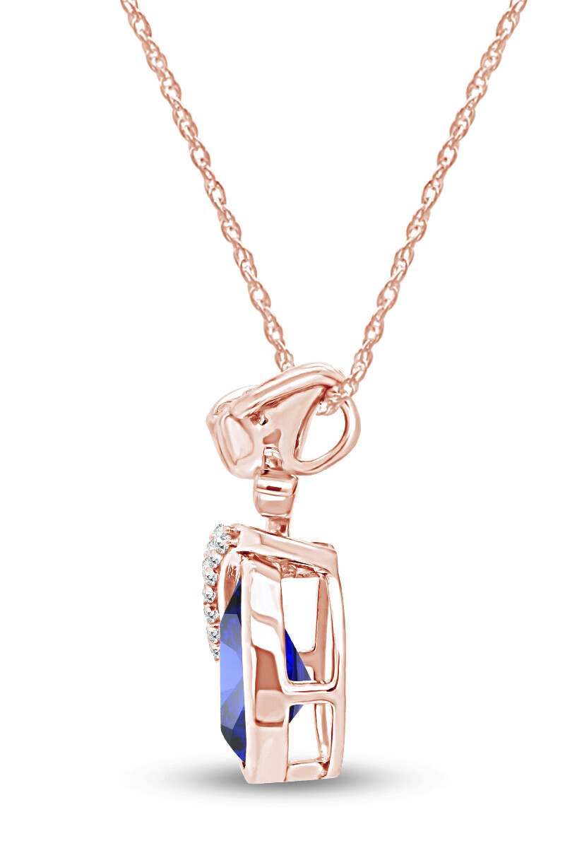 Simulated Sapphire Rose Teardrop Pendant Necklace 14K Rose Gold Plated Silver