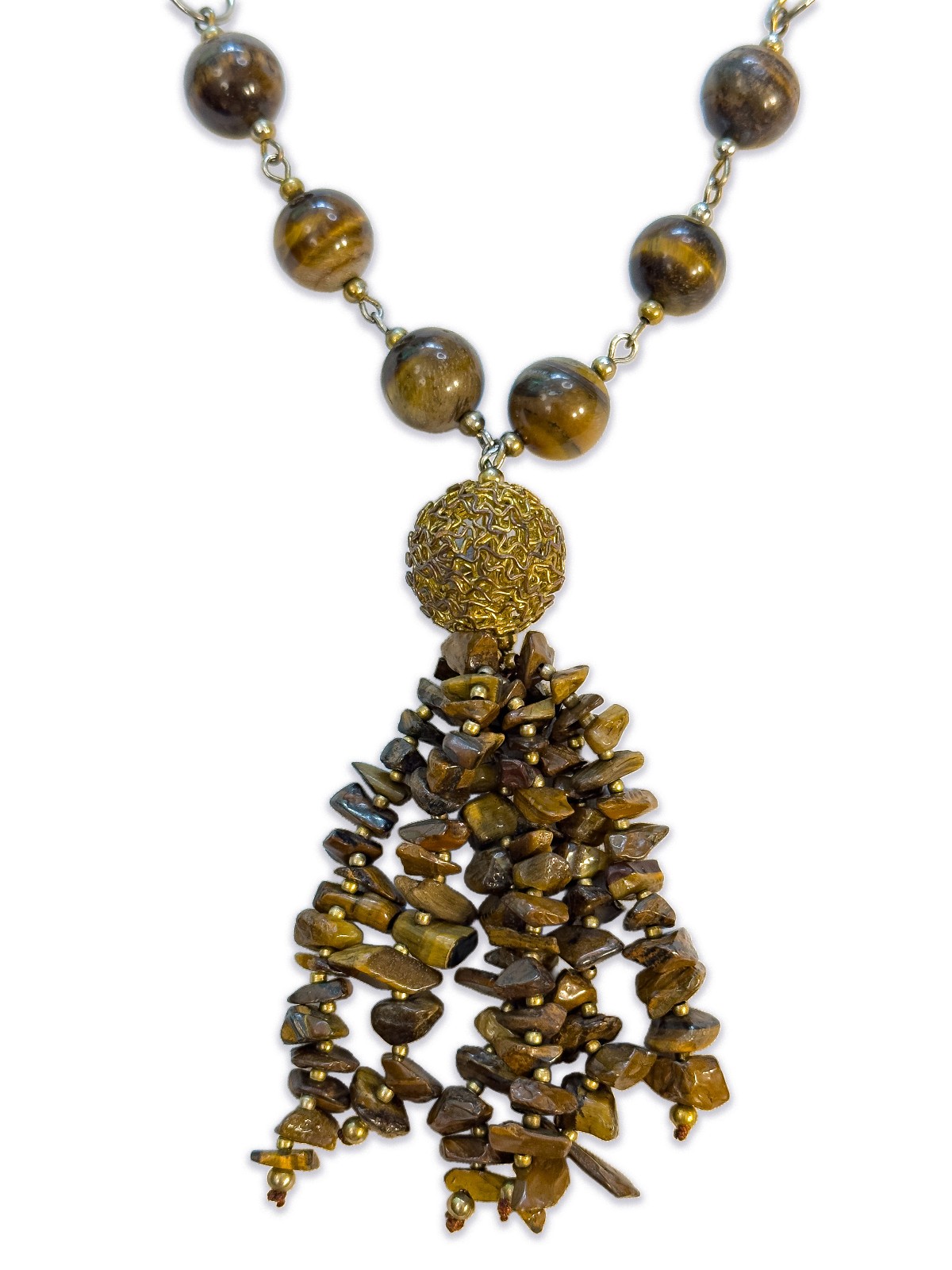 Tiger’s Eye Beaded Tassel Artist Necklace 27 inch