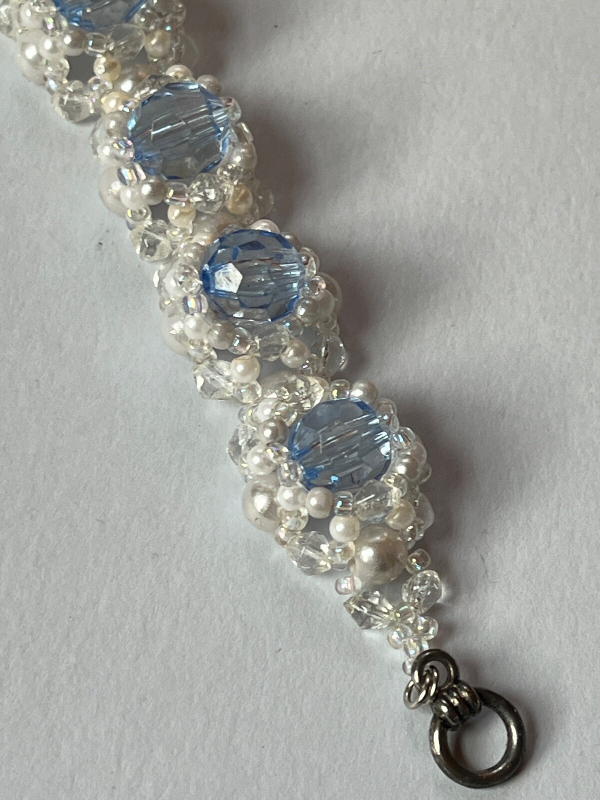 Handmade Faux White Pearl & Light Blue Faceted Beaded Bracelet – 6.5 inches long