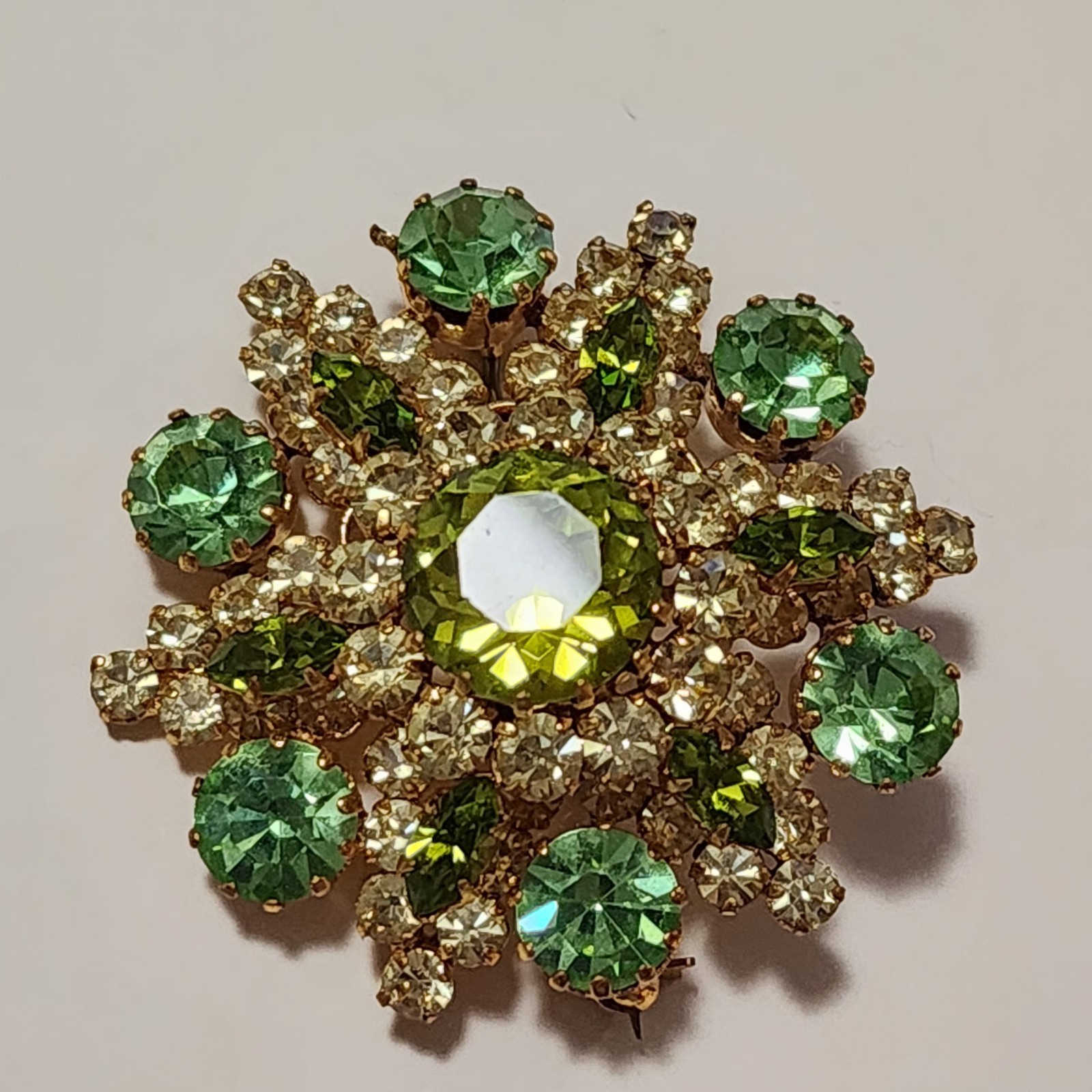 Austria Dome Brooch Green & Clear Crystal Rhinestones Small Bend in Pin