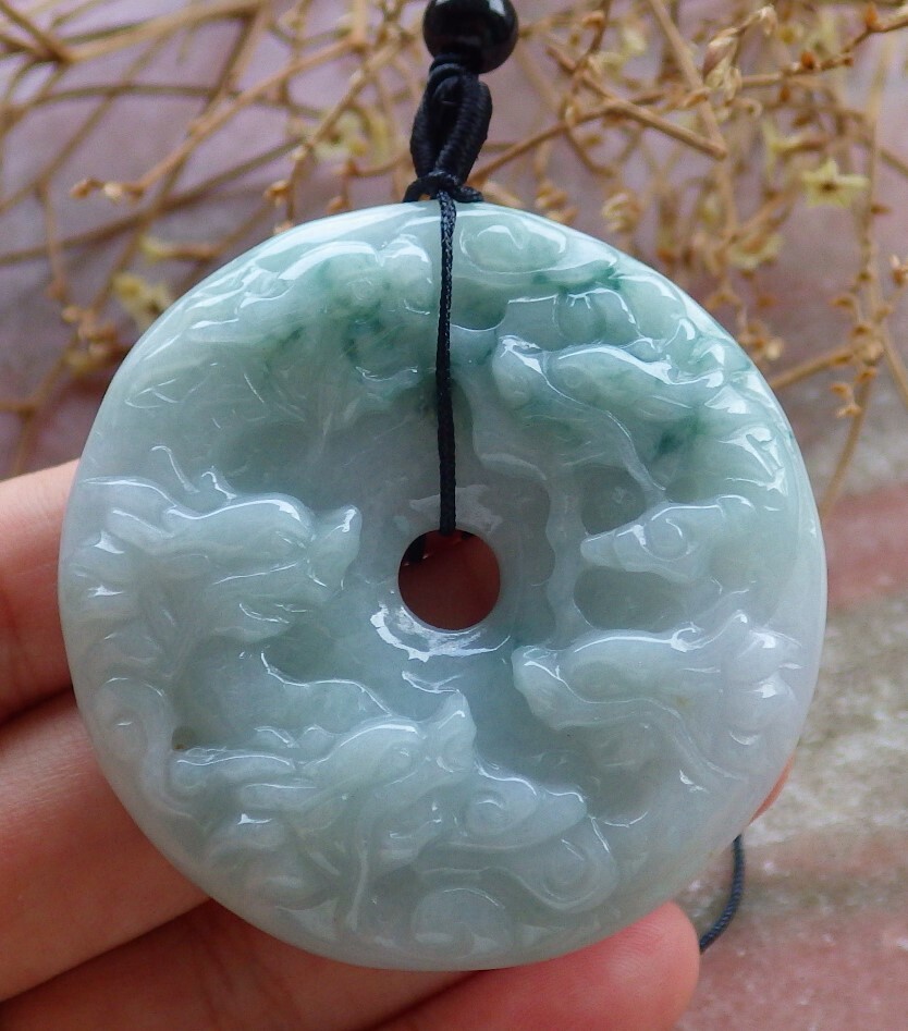 Certified Green 100% Natural A Jade jadeite pendant 9 Dragon Circle 九龙平安扣 611312