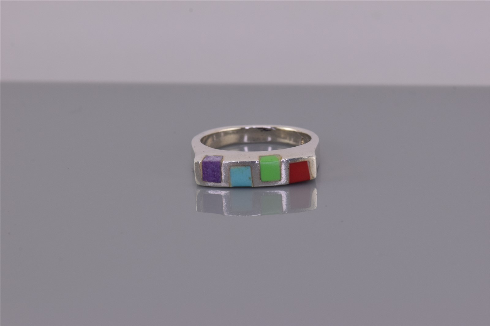 Sterling Silver Staggered Charoite Coral Turquoise Band Ring 925 Sz: 6