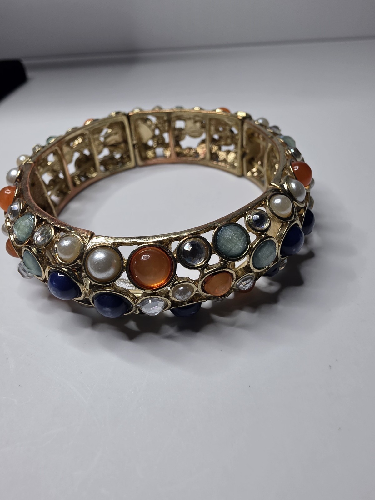 Fall Colors Maize, Yellow, Blue & Orange Cabochons Stretch BRACELET Goldtone