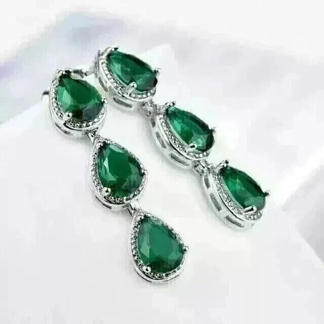 2.50Ct Pear Cut Simulated Green Emerald Drop Earrings In 14K White Gold Plated